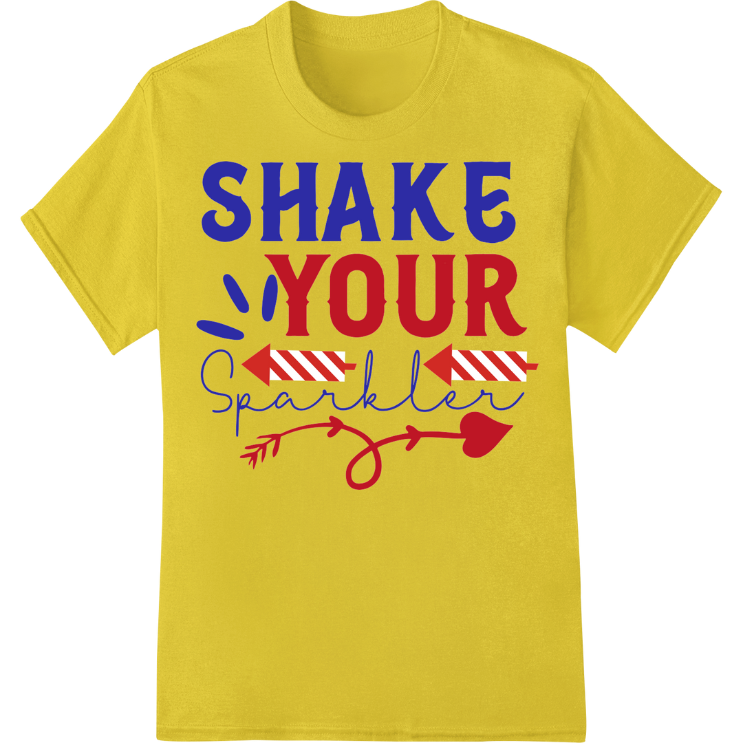 Patriotic 'SHAKE YOUR Sparkler' July 4th DTF Print Transfer on yellow shirt - SUPERDTF-DTF Prints-DTF Transfers-Custom DTF Prints