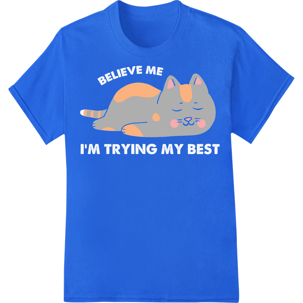 Adorable Sleepy Cat DTF Print Heat Transfer - Super Cute! on blue shirt - SUPERDTF-DTF Prints-DTF Transfers-Custom DTF Prints