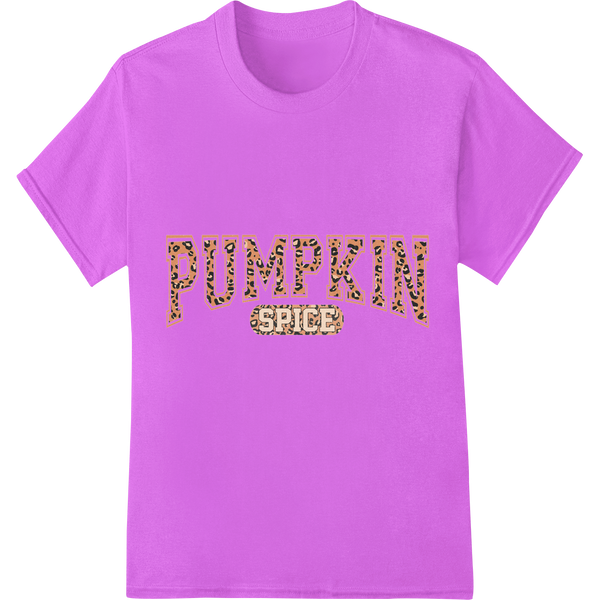 Leopard print background with 'PUMPKIN SPICE' text in fall colors and typography style, perfect for DTF heat transfer...