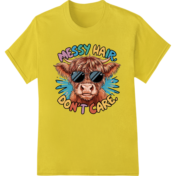 Quirky Cow 'Messy Hair, Don't Care!' DTF Print Transfer on yellow shirt - SUPERDTF-DTF Prints-DTF Transfers-Custom DTF Prints