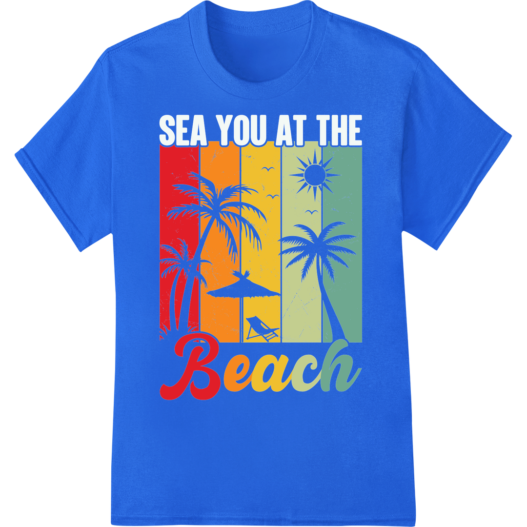 Retro Beach Vibes: Vintage-Inspired DTF Heat Transfer on blue shirt - SUPERDTF-DTF Prints-DTF Transfers-Custom DTF Prints