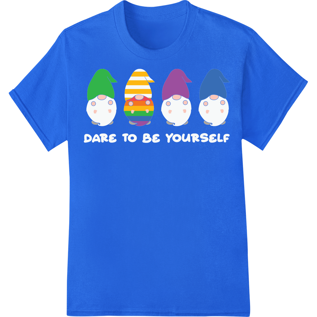 Vibrant LGBT Gnome Pride DTF Print Heat Transfer Design on blue shirt - SUPERDTF-DTF Prints-DTF Transfers-Custom DTF Prints