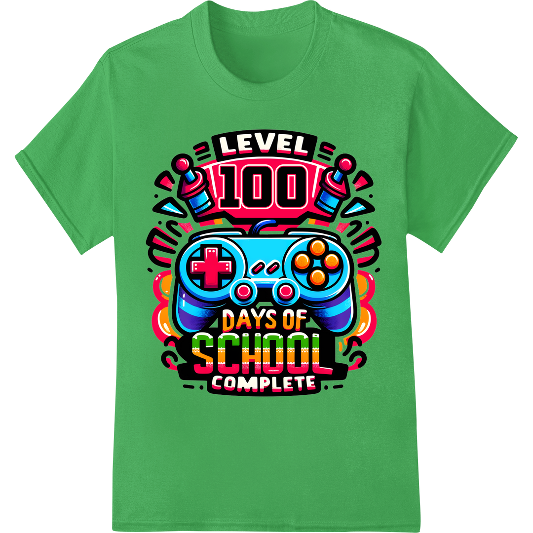 Level Up Your Style: 100 Days of School Gamer Shirt Print on green shirt - SUPERDTF-DTF Prints-DTF Transfers-Custom DTF Prints