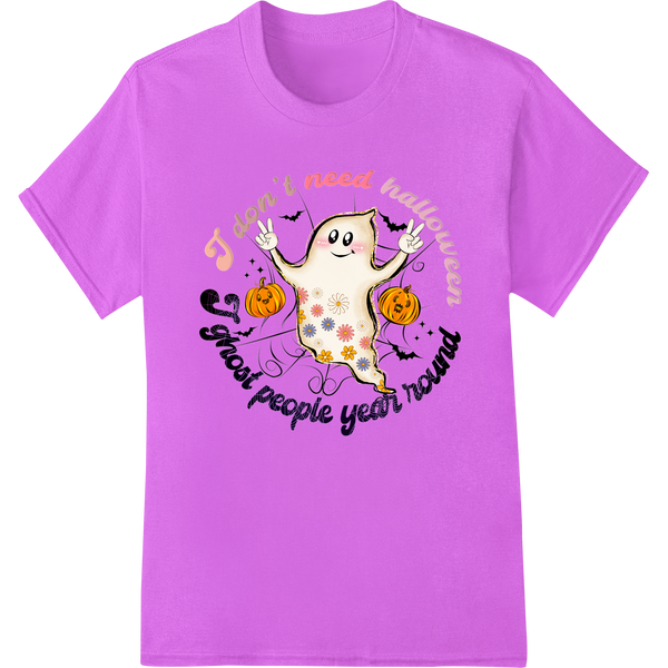 A cute ghost design printed using the direct-to-film (DTF) method, perfect for Halloween apparel or all-year spooky style.