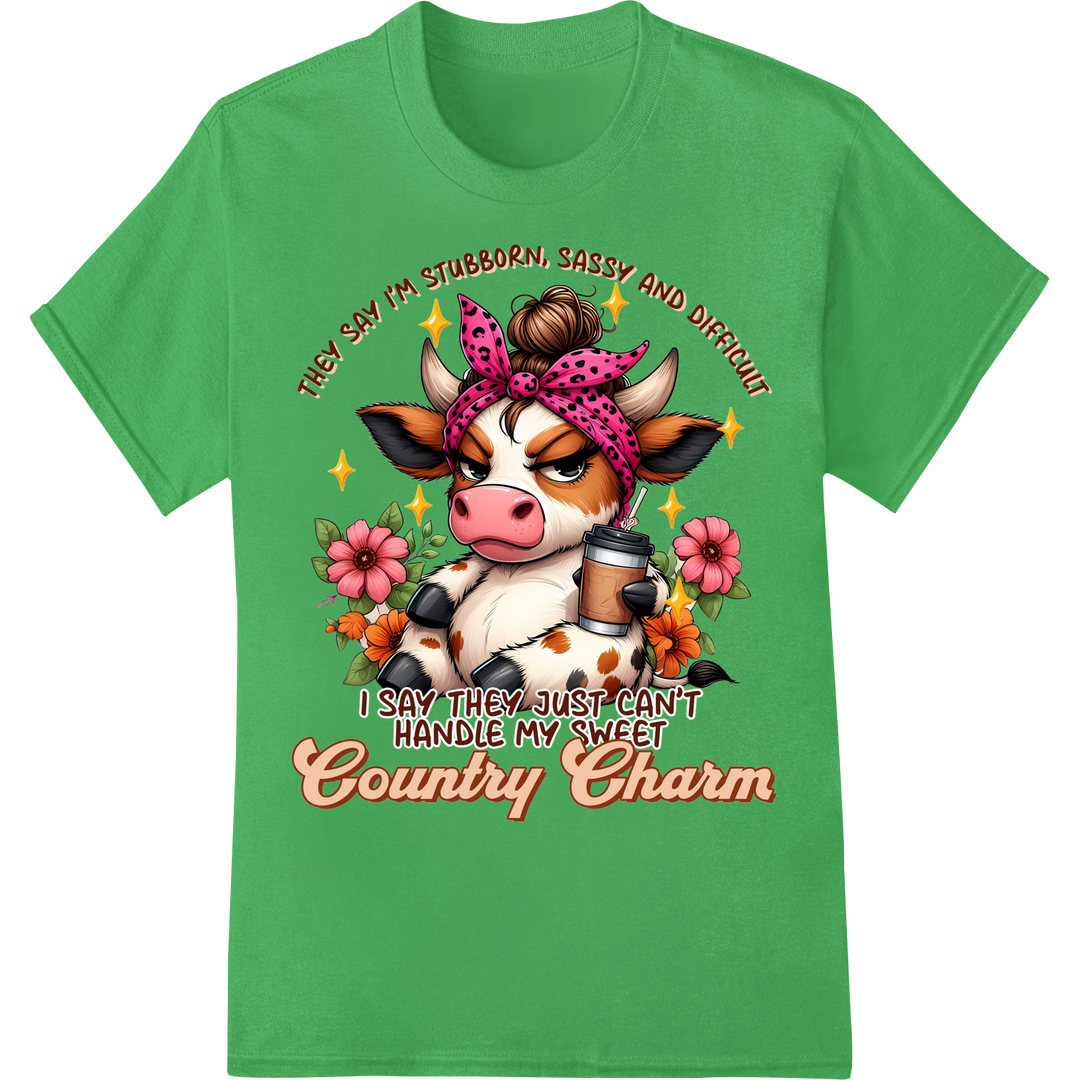 Sassy Country Cow | Stubborn Charm DTF Print Heat Transfer on green shirt - SUPERDTF-DTF Prints-DTF Transfers-Custom DTF Prints