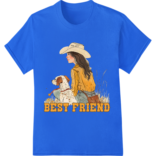 Rustic Cowgirl & Loyal Dog Western DTF Heat Transfer Print on blue shirt - SUPERDTF-DTF Prints-DTF Transfers-Custom DTF Prints