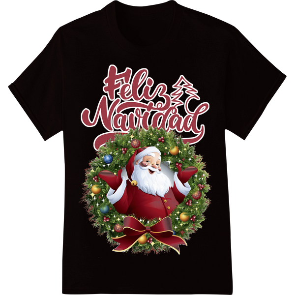 Festive Feliz Navidad Santa Wreath DTF Print Heat Transfer on black shirt - SUPERDTF-DTF Prints-DTF Transfers-Custom DTF Prints