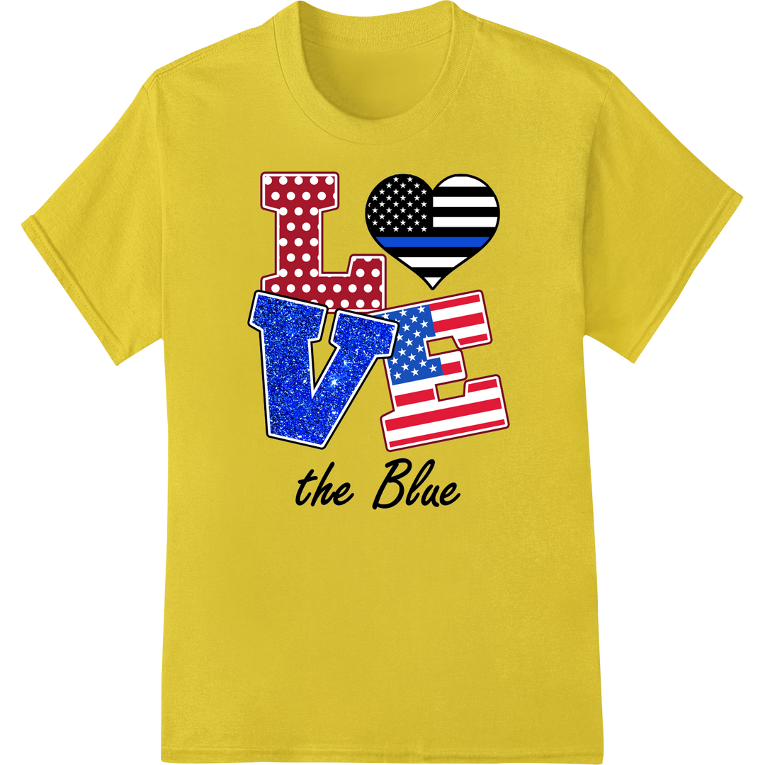 Love the Blue: Bold Patriotic Police DTF Print Heat Transfer on yellow shirt - SUPERDTF-DTF Prints-DTF Transfers-Custom DTF Prints