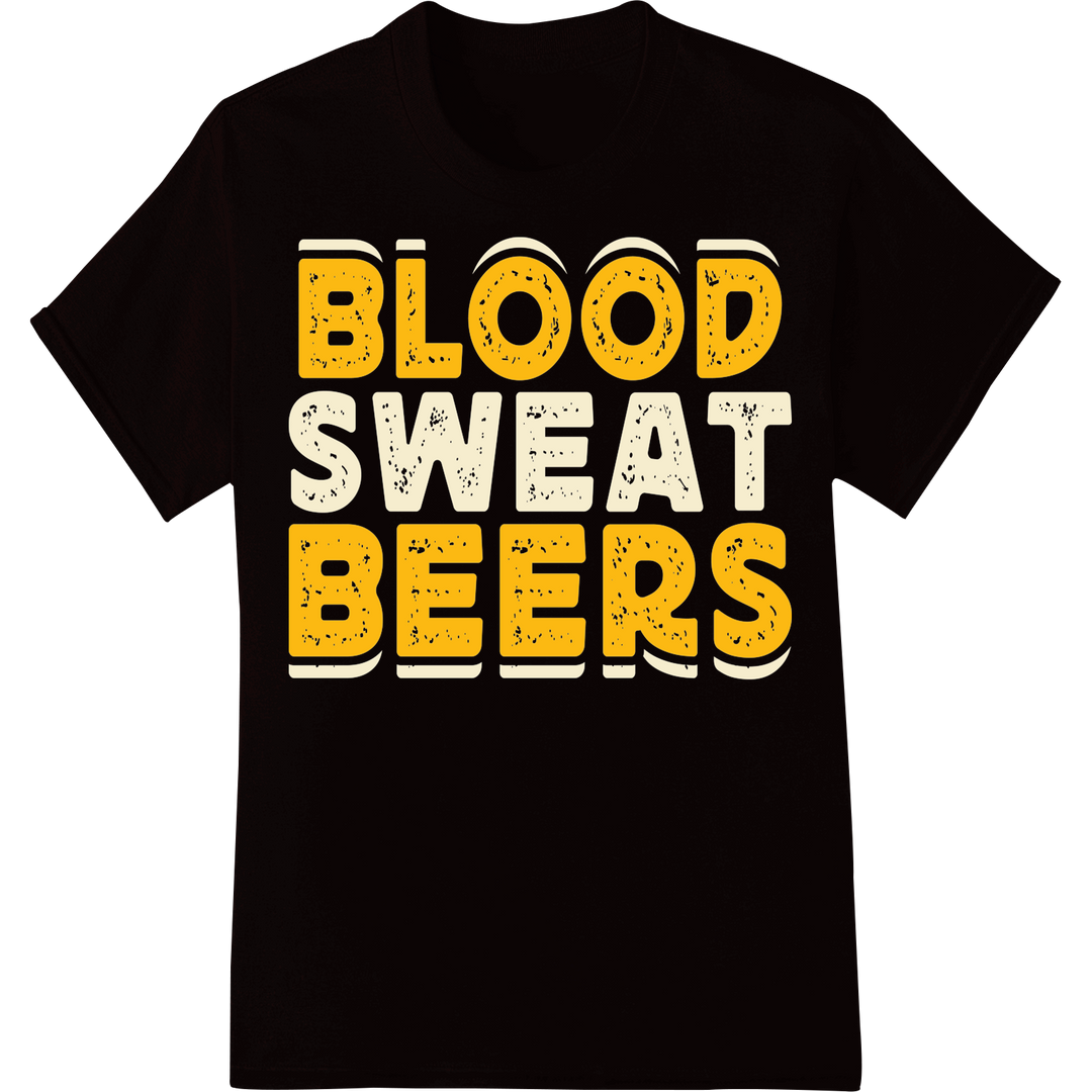 Blood Sweat Beers: Bold Rugby DTF Print Heat Transfer on black shirt - SUPERDTF-DTF Prints-DTF Transfers-Custom DTF Prints