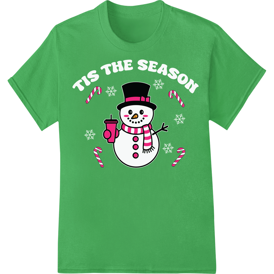 Jolly Snowman Heat Transfer - Festive Winter Fun Design on green shirt - SUPERDTF-DTF Prints-DTF Transfers-Custom DTF Prints