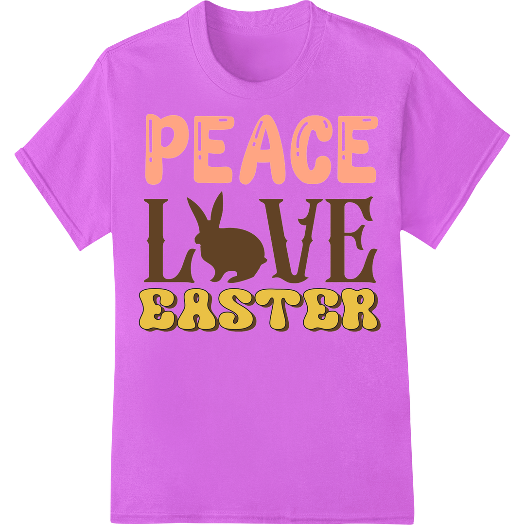 Hoppy Easter Vibes: Peace, Love & Spring Cheer Design on purple shirt - SUPERDTF-DTF Prints-DTF Transfers-Custom DTF Prints