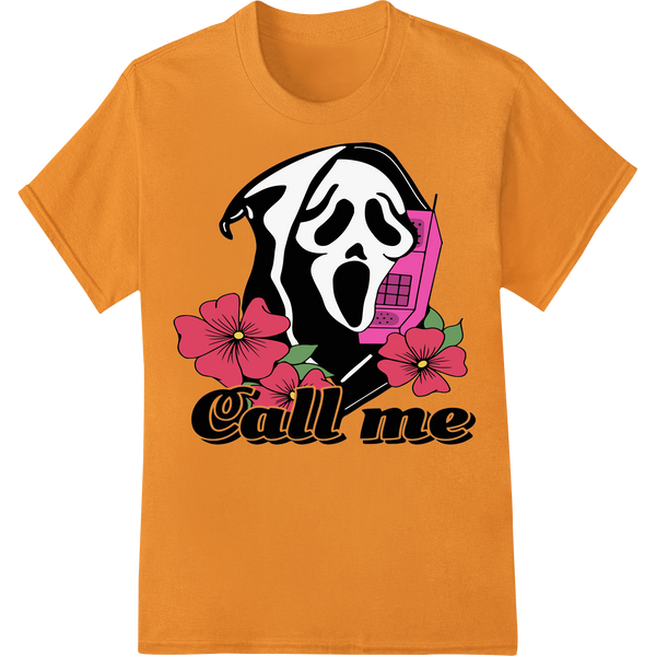 Spooky ghost design saying 'Call Me' with outstretched hand, perfect for Halloween DTF heat transfer prints on t-shirts