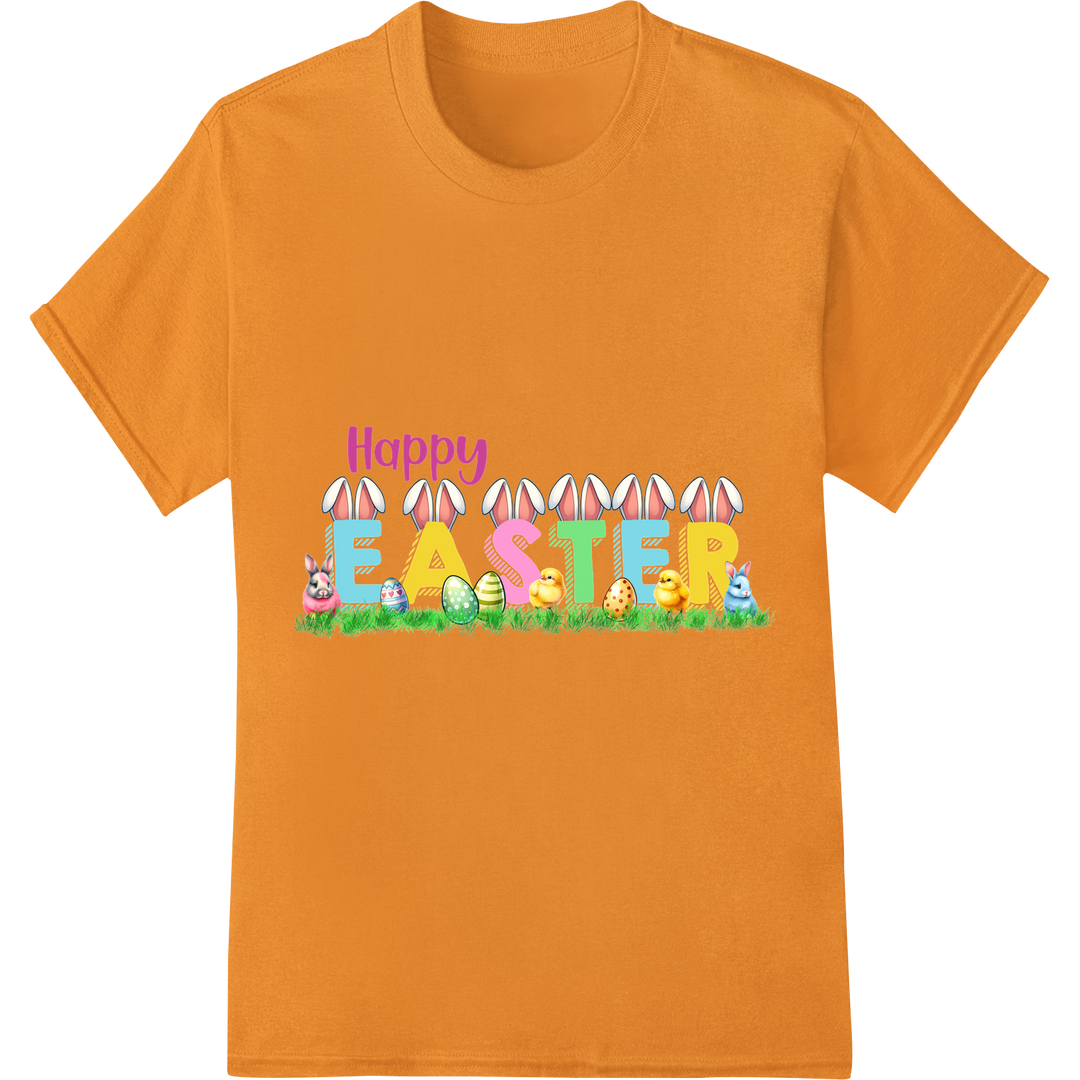 Retro Easter Charm: Vibrant 'Happy Easter' DTF Transfer Print on orange shirt - SUPERDTF-DTF Prints-DTF Transfers-Custom DTF Prints