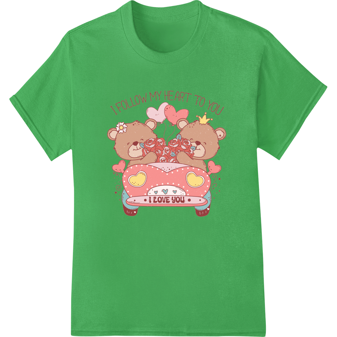 Retro Bear Couple's Love Car - Valentine's Day DTF Print on green shirt - SUPERDTF-DTF Prints-DTF Transfers-Custom DTF Prints