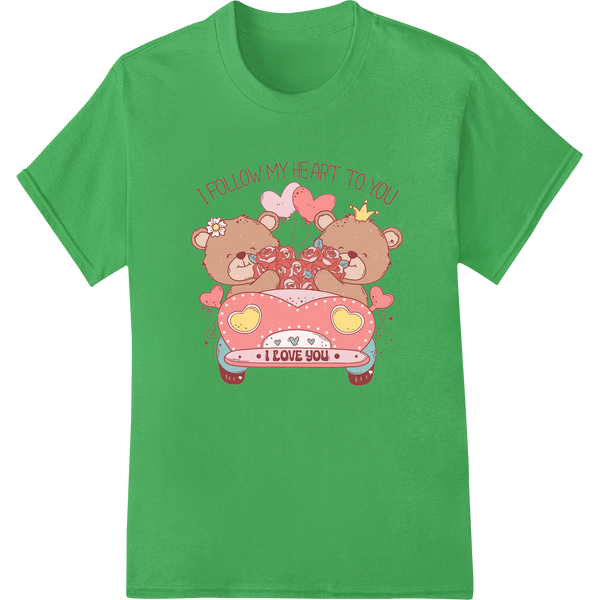 Retro Bear Couple's Love Car - Valentine's Day DTF Print on green shirt - SUPERDTF-DTF Prints-DTF Transfers-Custom DTF Prints