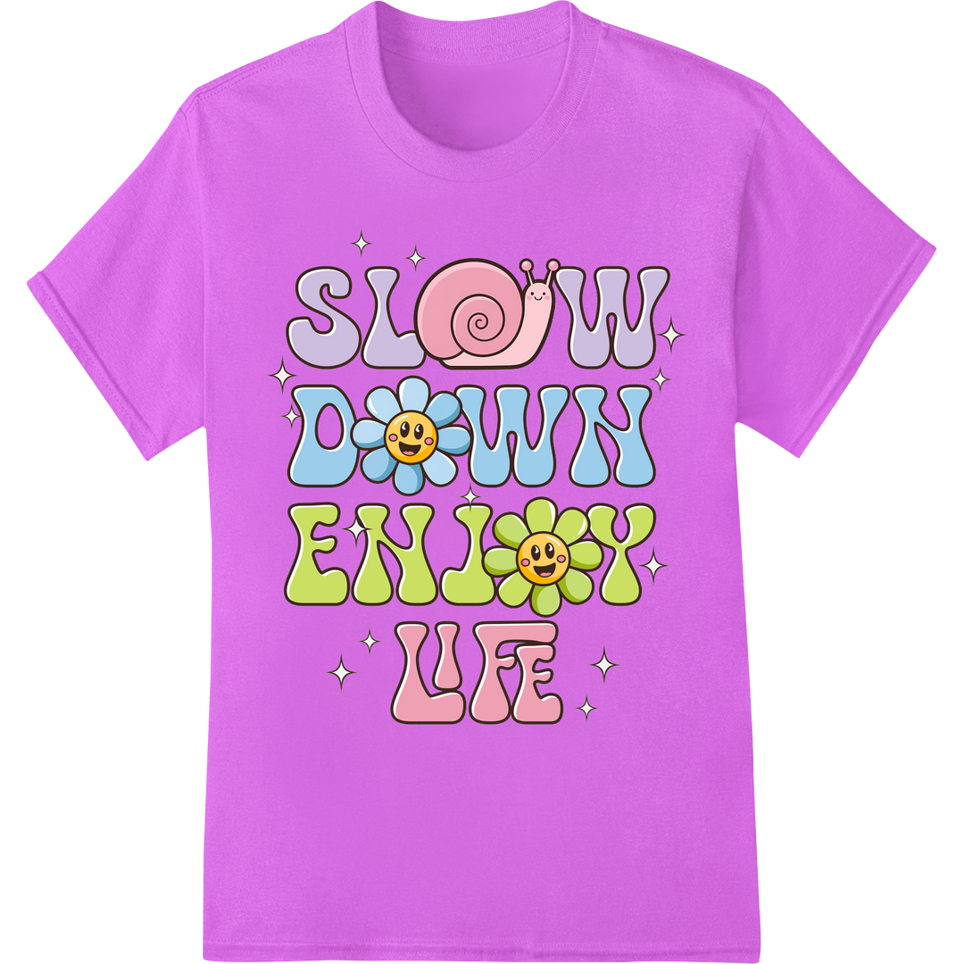 Retro Positivity: 'Slow Down Enjoy Life' DTF Print Transfer on purple shirt - SUPERDTF-DTF Prints-DTF Transfers-Custom DTF Prints