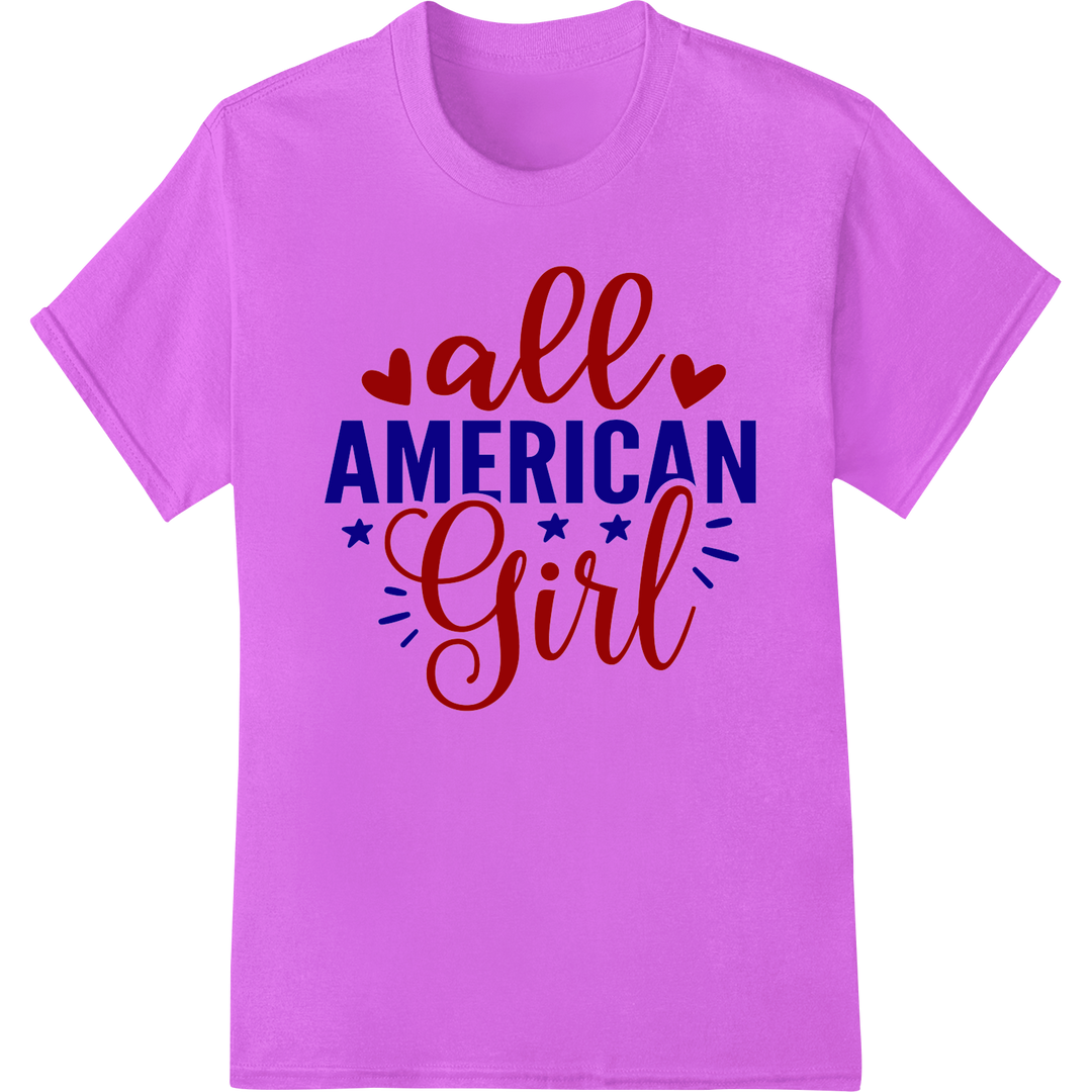 All American Girl | Patriotic 4th of July DTF Print Transfer on purple shirt - SUPERDTF-DTF Prints-DTF Transfers-Custom DTF Prints