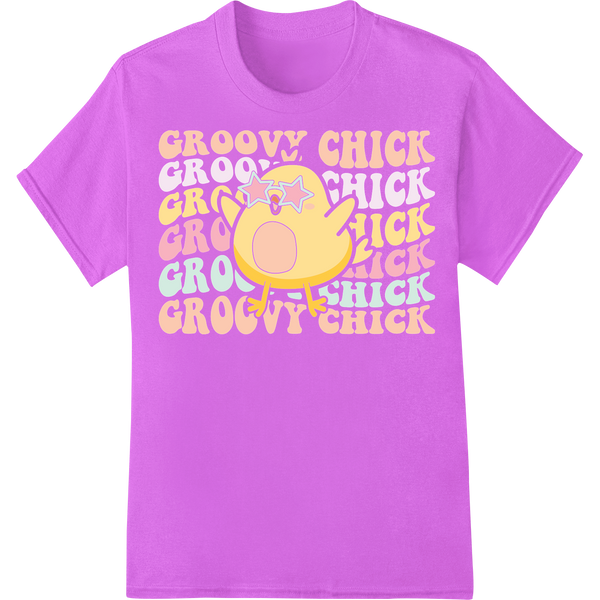 Adorable Retro 'Groovy Chick' Easter DTF Print Heat Transfer on purple shirt - SUPERDTF-DTF Prints-DTF Transfers-Custom DTF Prints