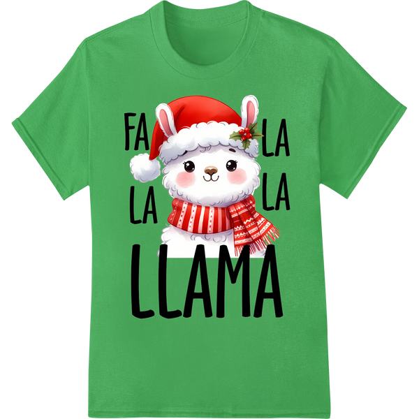 Adorable 'Fa La La Llama' Christmas Animal DTF Print Transfer on green shirt - SUPERDTF-DTF Prints-DTF Transfers-Custom DTF Prints