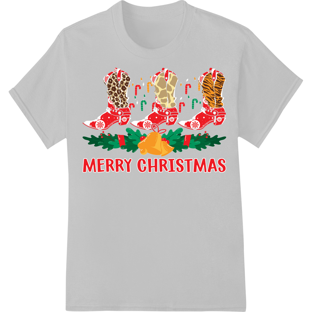 Festive Cowboy Boots Funny Christmas DTF Print Transfer on white shirt - SUPERDTF-DTF Prints-DTF Transfers-Custom DTF Prints