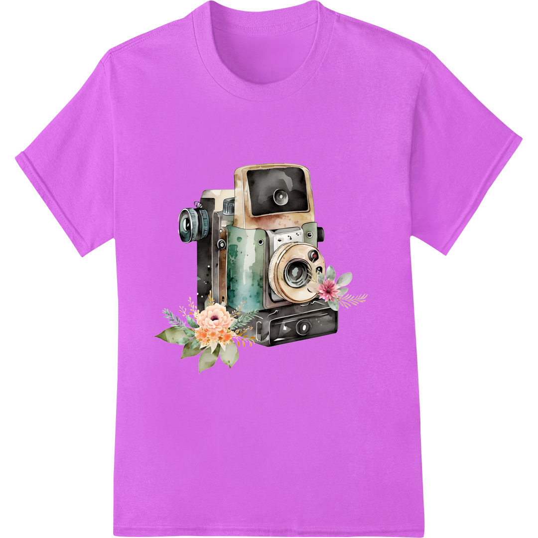 Vintage Camera with Floral Accents - Super DTF Print on purple shirt - SUPERDTF-DTF Prints-DTF Transfers-Custom DTF Prints