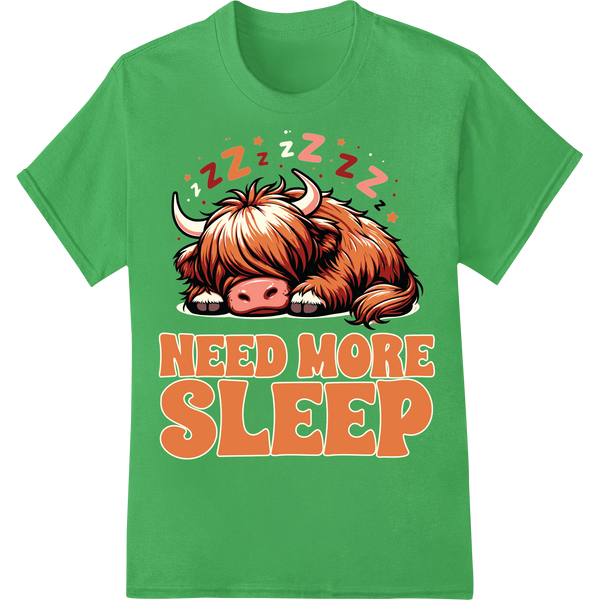 Sleepy Cow 'Need More Sleep' Funny Farm Animal DTF Print on green shirt - SUPERDTF-DTF Prints-DTF Transfers-Custom DTF Prints