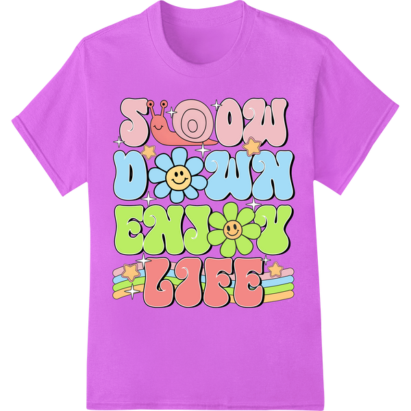 Retro Inspiration: 'SLOW DOWN ENJOY LIFE' DTF Print Transfer on purple shirt - SUPERDTF-DTF Prints-DTF Transfers-Custom DTF Prints