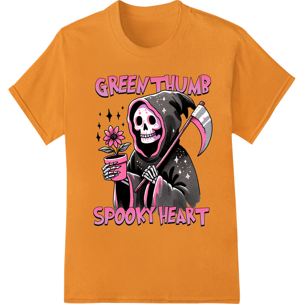 Green Thumb Grim Reaper Heart DTF Print Heat Transfer on orange shirt - SUPERDTF-DTF Prints-DTF Transfers-Custom DTF Prints