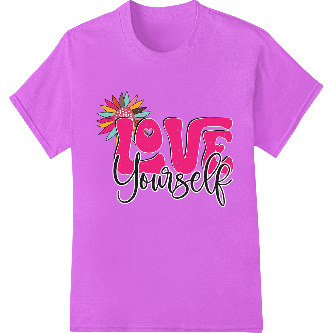 Retro 'LOVE yourself' Mental Health Awareness DTF Print on purple shirt - SUPERDTF-DTF Prints-DTF Transfers-Custom DTF Prints