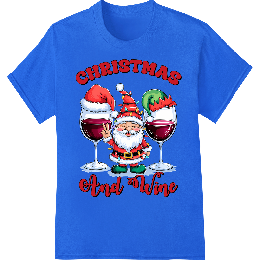 Festive 'Christmas and Wine' Santa DTF Print Heat Transfer on blue shirt - SUPERDTF-DTF Prints-DTF Transfers-Custom DTF Prints