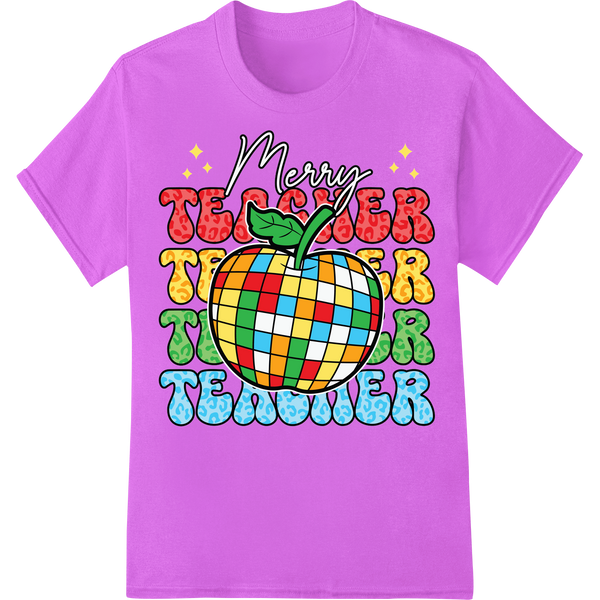 Merry Teacher: Festive Apple DTF Print Heat Transfer on purple shirt - SUPERDTF-DTF Prints-DTF Transfers-Custom DTF Prints