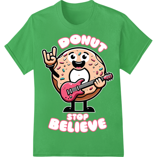 Rocking Donut Character: Humorous DTF Print Heat Transfer on green shirt - SUPERDTF-DTF Prints-DTF Transfers-Custom DTF Prints