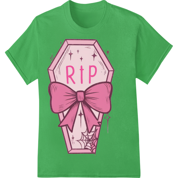 Pink gothic coffin design with 'RIP' text, perfect for Halloween DTF heat transfer prints on t-shirts and custom apparel.