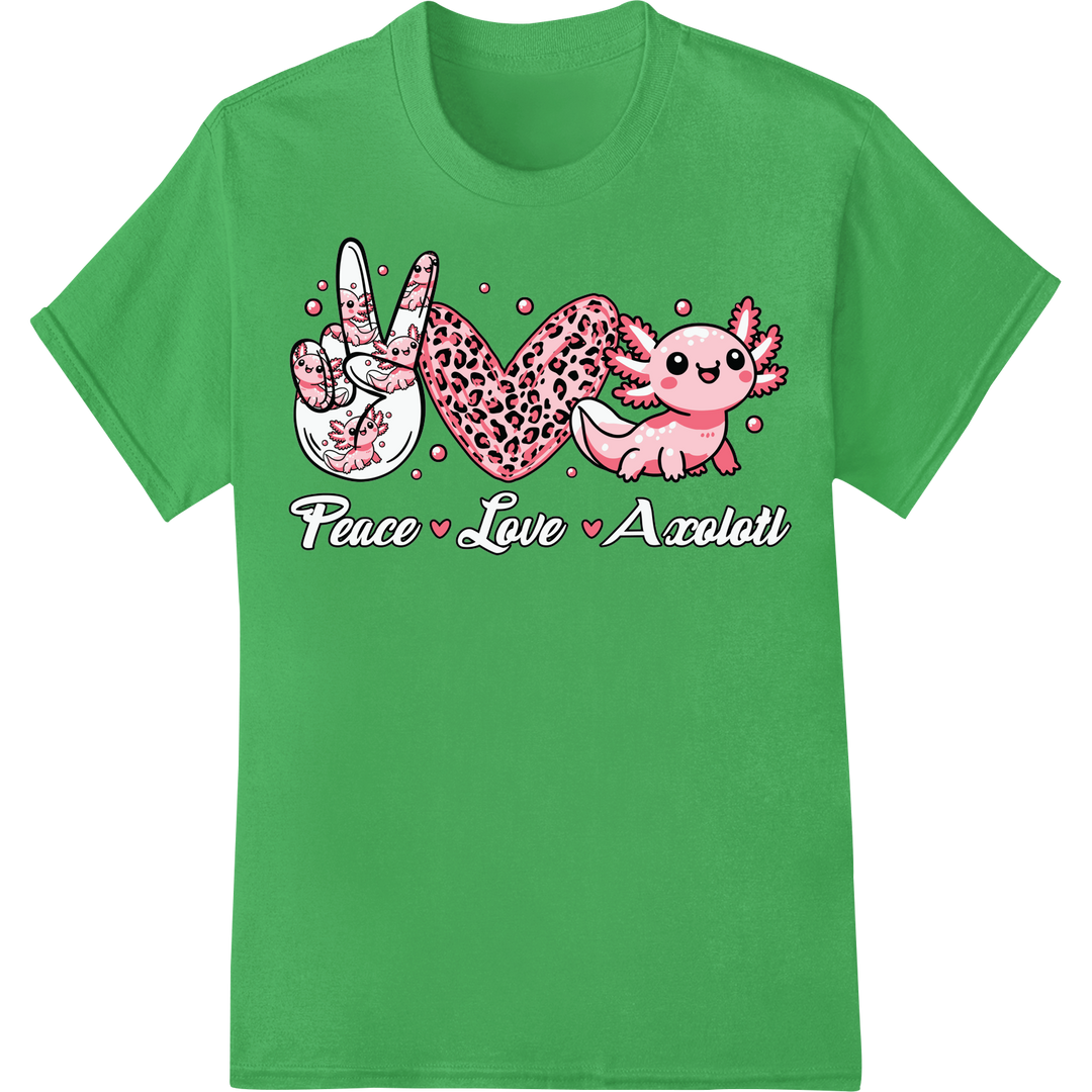 Adorable 'Peace Love Axolotl' DTF Print Heat Transfer on green shirt - SUPERDTF-DTF Prints-DTF Transfers-Custom DTF Prints