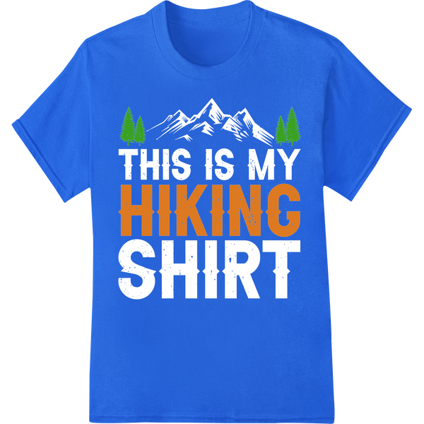 Rustic 'HIKING' Pine Tree Outdoor Adventure DTF Heat Transfer on blue shirt - SUPERDTF-DTF Prints-DTF Transfers-Custom DTF Prints