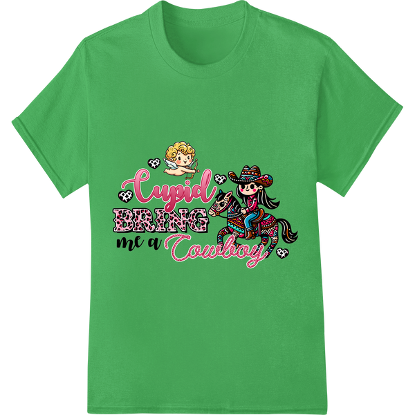 Cupid's Cowgirl: Lasso Your Heart's Desire This V-Day! on green shirt - SUPERDTF-DTF Prints-DTF Transfers-Custom DTF Prints