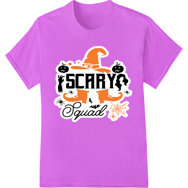 Spooky Halloween design featuring ghosts, pumpkins, and bats arranged to spell out 'SCARY Squad' in a playful font