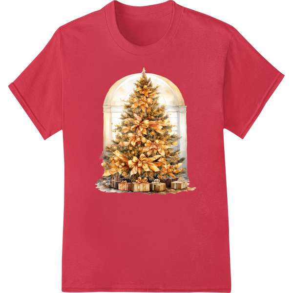 Enchanting Gold Christmas Tree Print - Festive DTF Transfer on red shirt - SUPERDTF-DTF Prints-DTF Transfers-Custom DTF Prints