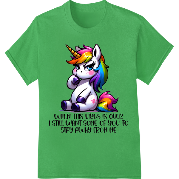 Sassy Unicorn: Embracing Social Distance Post-Pandemic on green shirt - SUPERDTF-DTF Prints-DTF Transfers-Custom DTF Prints