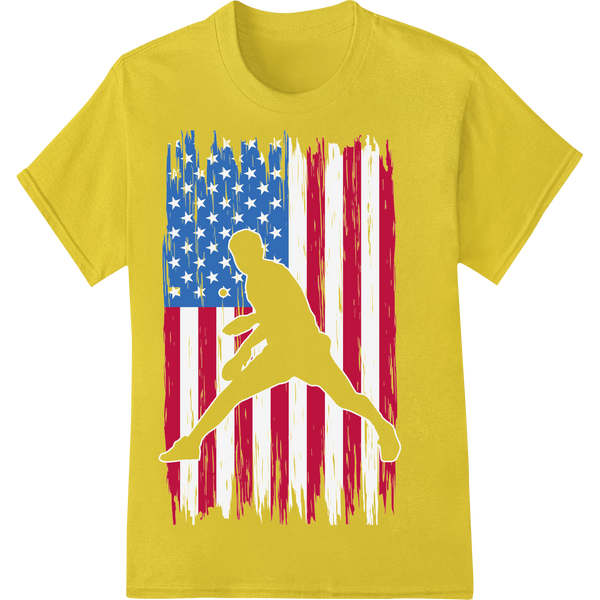 Patriotic Ping Pong: American Flag Paddle DTF Print on yellow shirt - SUPERDTF-DTF Prints-DTF Transfers-Custom DTF Prints