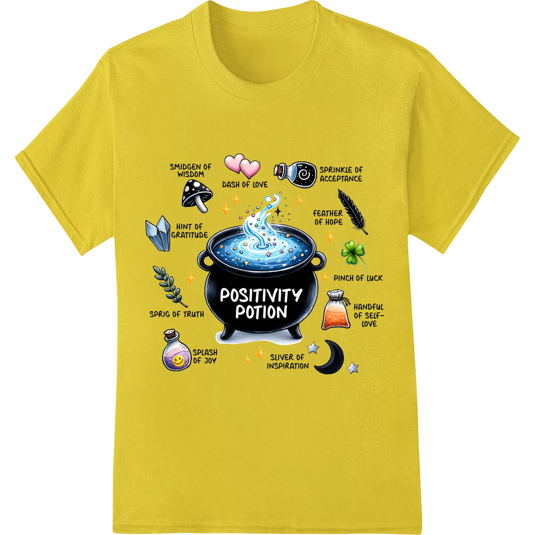 Brew Up Positivity: Magical Potion DTF Print Heat Transfer on yellow shirt - SUPERDTF-DTF Prints-DTF Transfers-Custom DTF Prints