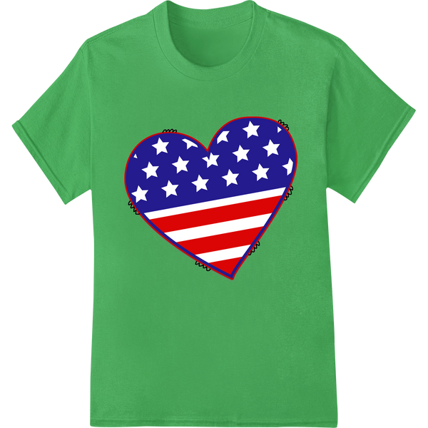 Heart-shaped American flag design DTF (direct to film) heat transfer print for custom t-shirts and apparel decoration.