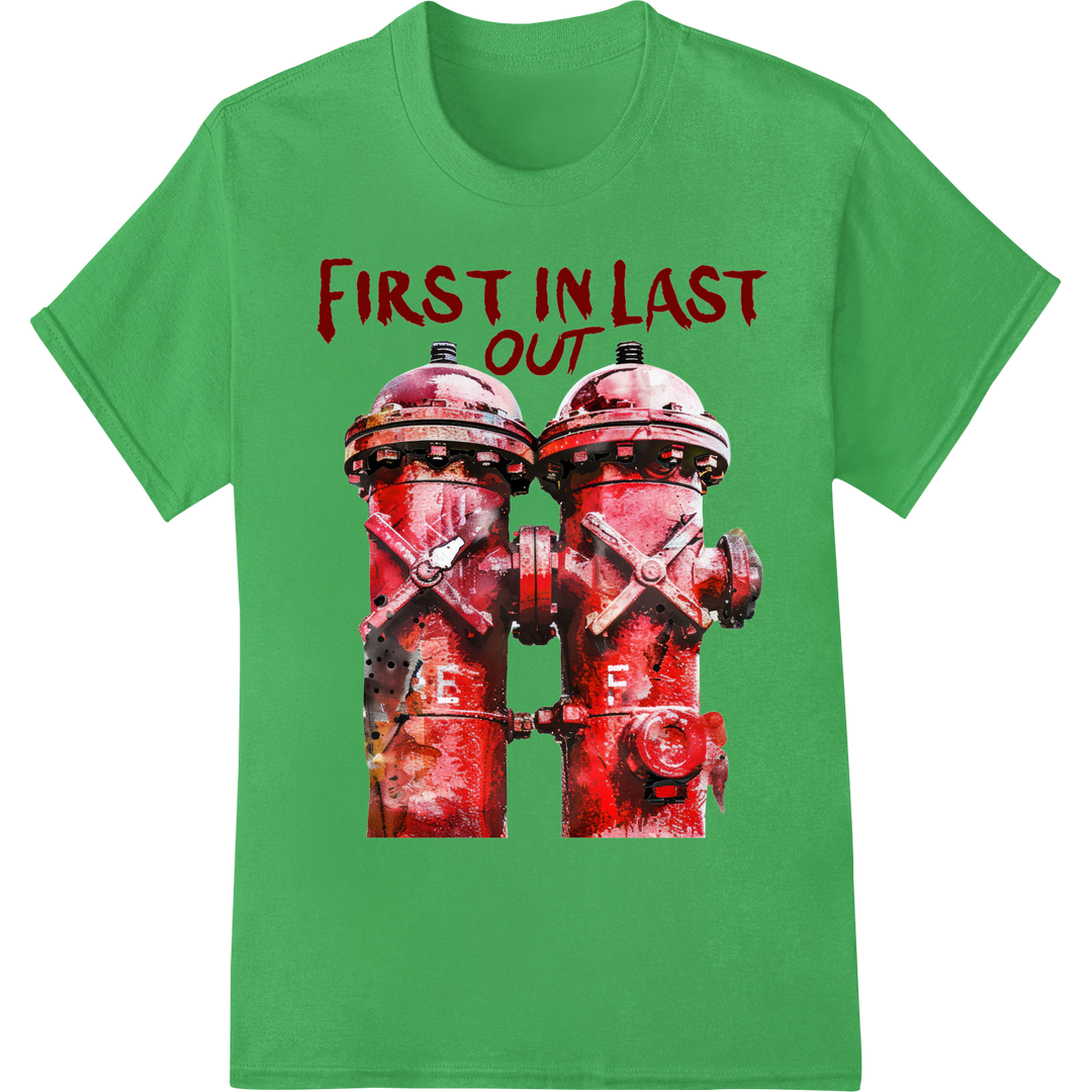 Bold Firefighter Print: First In Last Out Firetruck Design on green shirt - SUPERDTF-DTF Prints-DTF Transfers-Custom DTF Prints