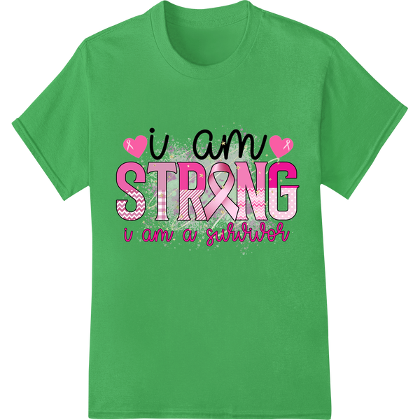 I Am Strong Breast Cancer Survivor Inspirational DTF Print on green shirt - SUPERDTF-DTF Prints-DTF Transfers-Custom DTF Prints