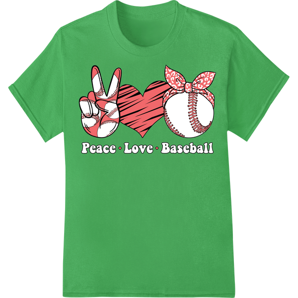 Peace, Love, Baseball: Trendy DTF Heat Transfer Design on green shirt - SUPERDTF-DTF Prints-DTF Transfers-Custom DTF Prints