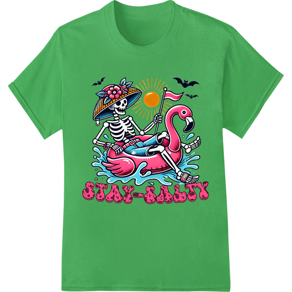 Salty Skeleton Flamingo: Vibrant Summer Beach Vibes on green shirt - SUPERDTF-DTF Prints-DTF Transfers-Custom DTF Prints