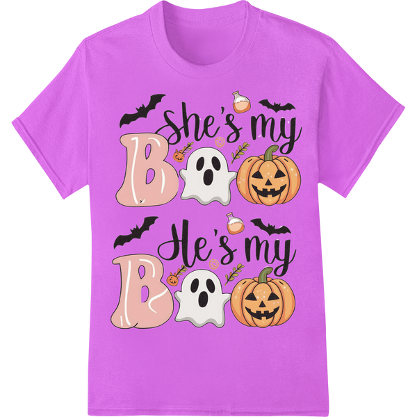 Spooky cute halloween 'She's my Boo' couple's graphic illustration with ghosts and pumpkins for DTF heat transfer printing