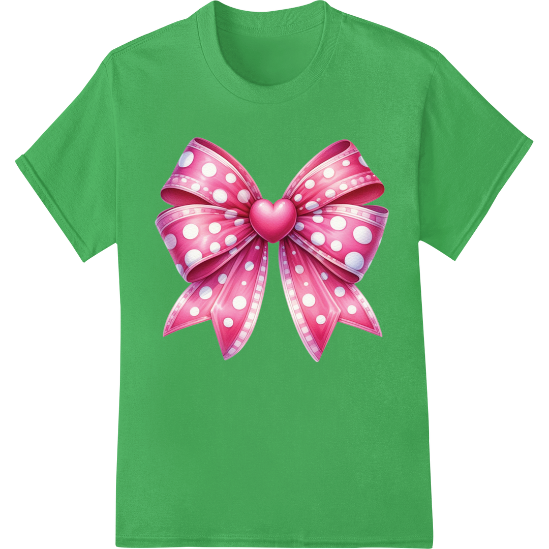 Adorable Valentine's Day Polka Dot Bow w/ Heart DTF Print on green shirt - SUPERDTF-DTF Prints-DTF Transfers-Custom DTF Prints