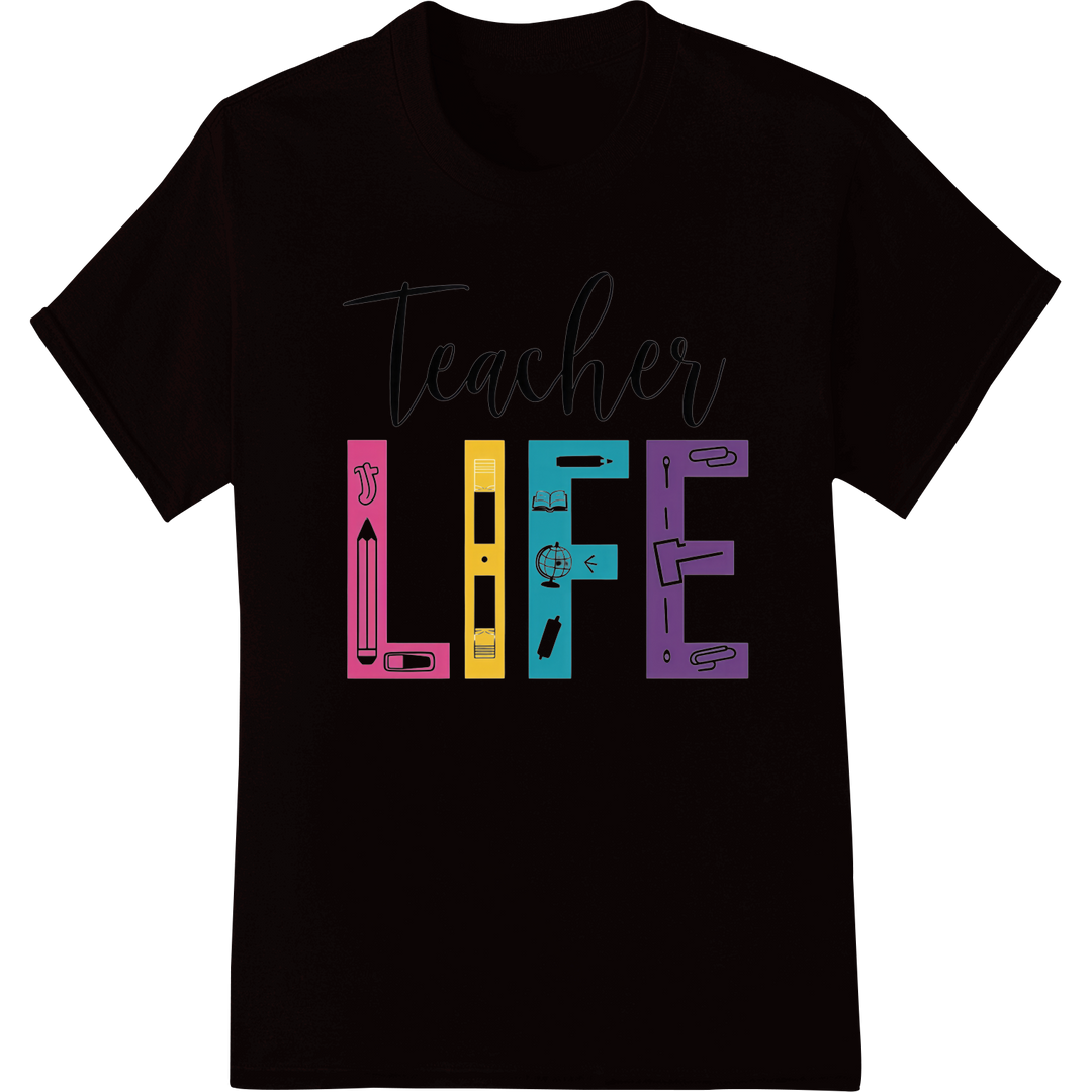 Vibrant 'Teacher Life' DTF Print Heat Transfer | School Style on black shirt - SUPERDTF-DTF Prints-DTF Transfers-Custom DTF Prints