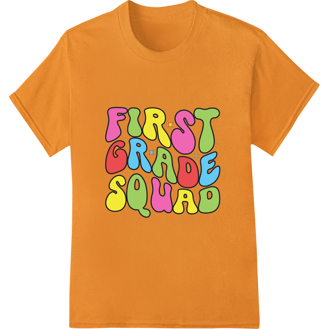 First Grade Squad - Colorful DTF Print Heat Transfer on orange shirt - SUPERDTF-DTF Prints-DTF Transfers-Custom DTF Prints